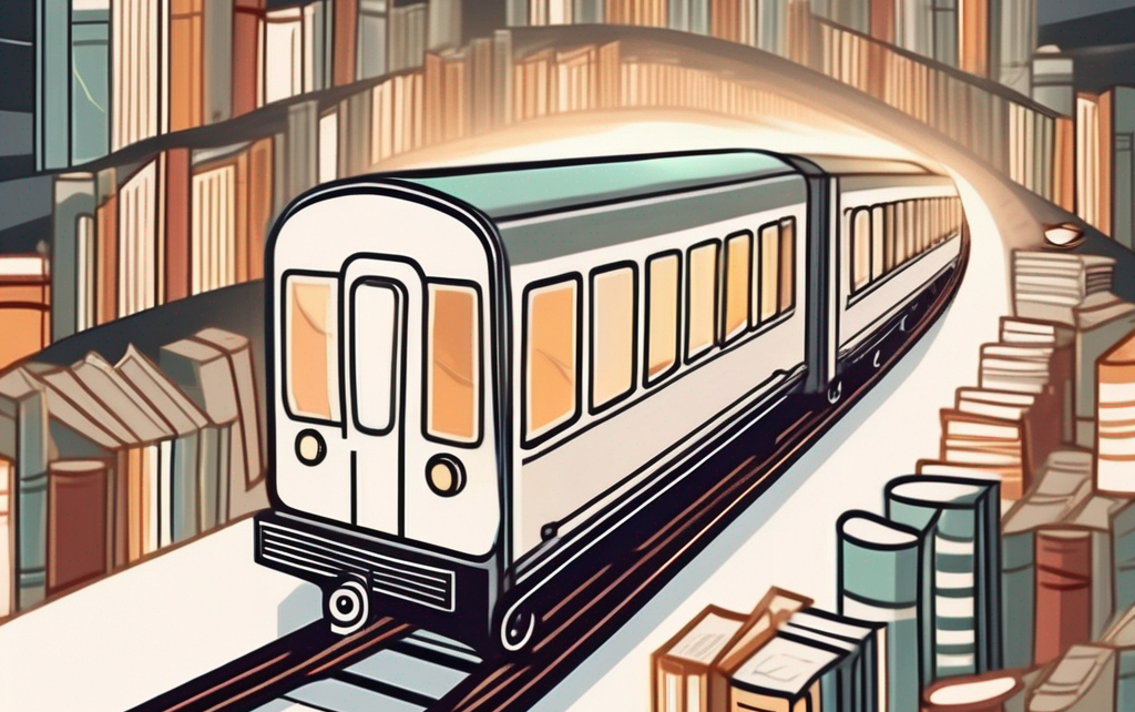 A subway train made out of books and graduation cap on top