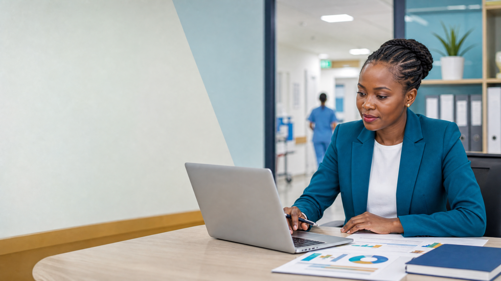 Healthcare finance coordinator reviewing insurance claims records in a hospital office