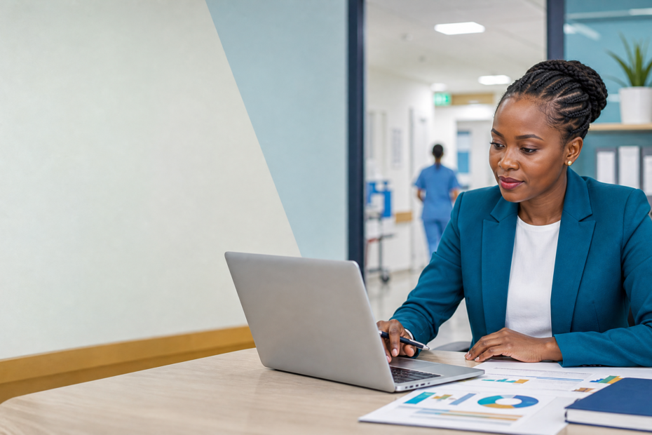Healthcare finance coordinator reviewing insurance claims records in a hospital office