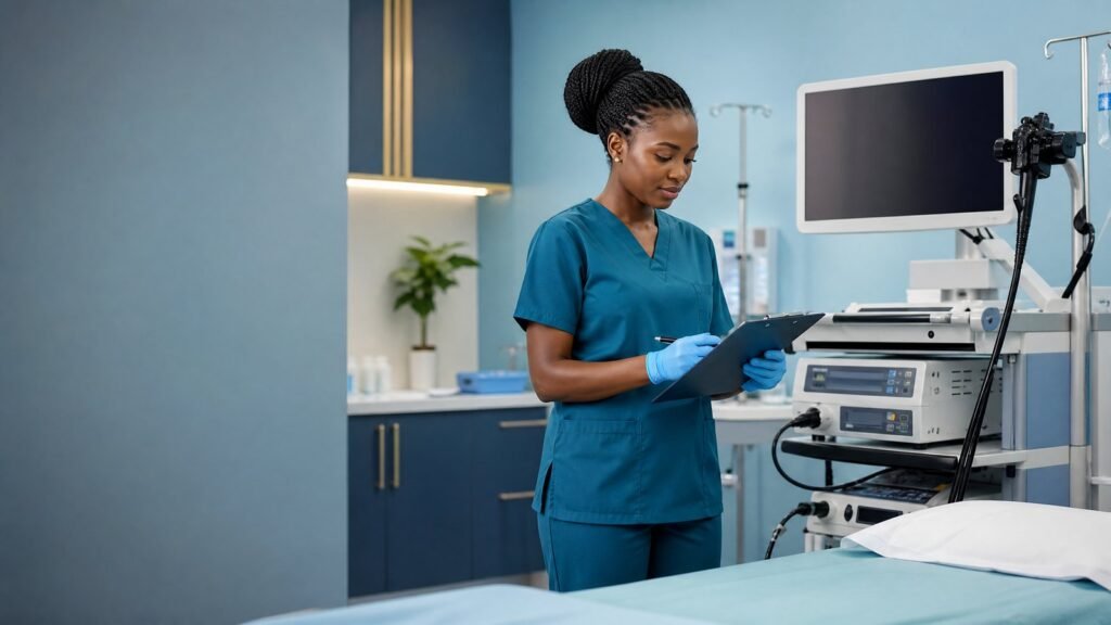 Endoscopy nurse preparing a procedure room with medical equipment in a Kenyan hospital illustration