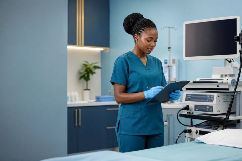 Endoscopy nurse preparing a procedure room with medical equipment in a Kenyan hospital illustration