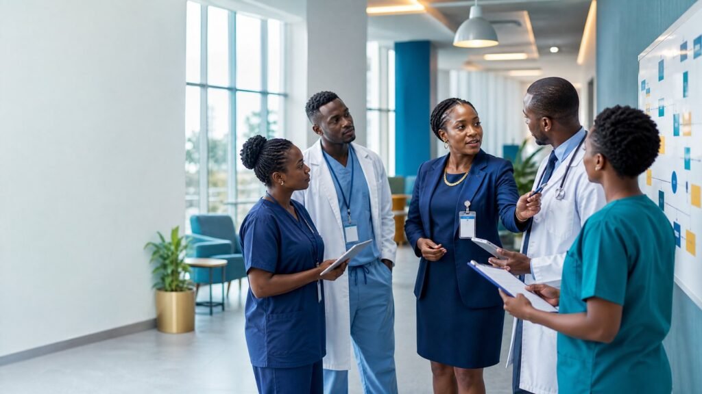 Clinical operations leader coordinating doctors and nurses around a hospital flow board illustration