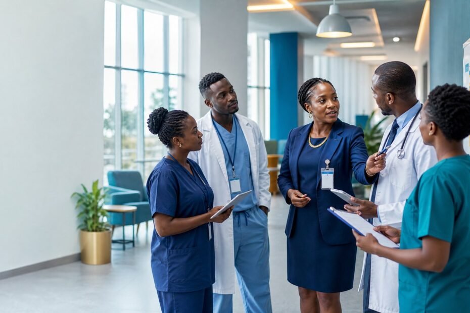 Clinical operations leader coordinating doctors and nurses around a hospital flow board illustration