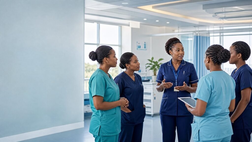 Kenyan nurse manager leading a small hospital nursing team in a bright editorial illustration