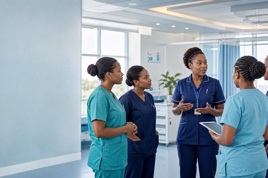 Kenyan nurse manager leading a small hospital nursing team in a bright editorial illustration
