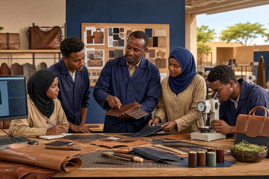 Kenyan leather-technology trainees and an instructor examining leather samples beside design and quality-testing equipment in a workshop