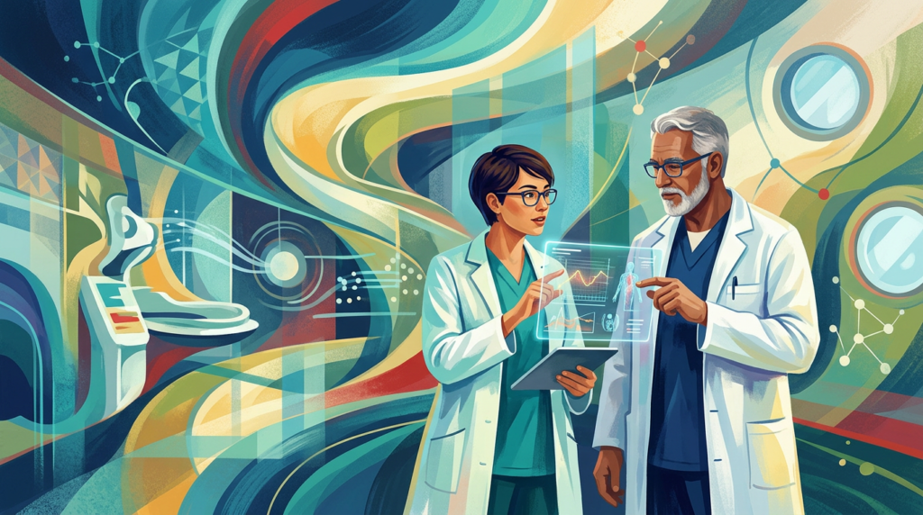 Junior doctor and senior clinician collaborating in a Kenyan hospital illustration
