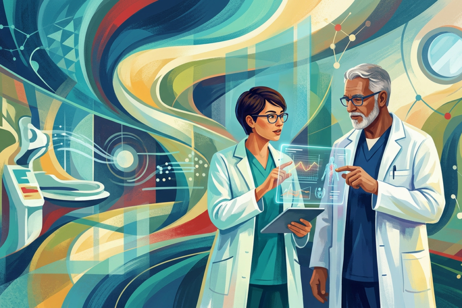 Junior doctor and senior clinician collaborating in a Kenyan hospital illustration