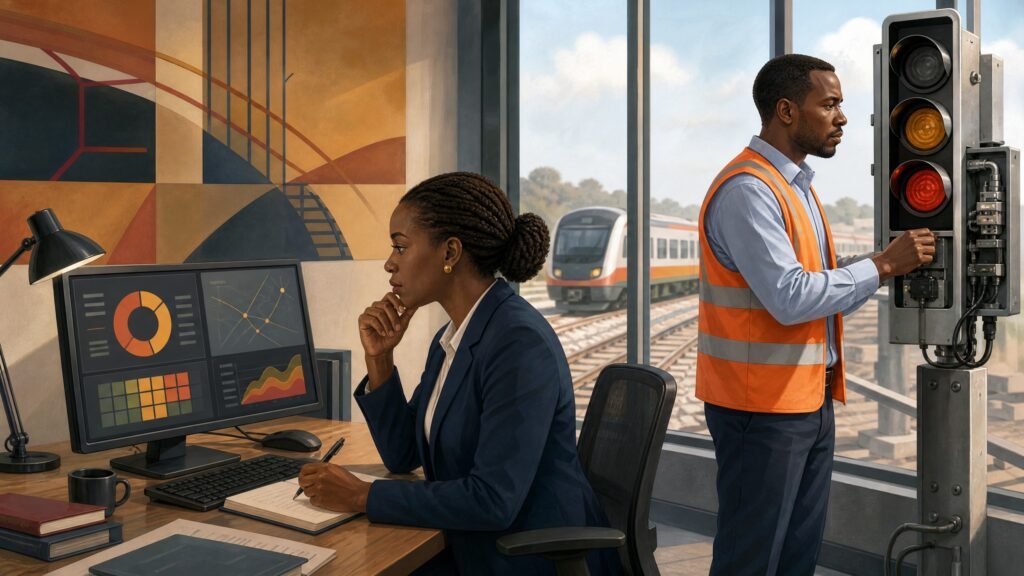 Kenya Railways engineering and risk managers reviewing a transport operations plan in an editorial illustration