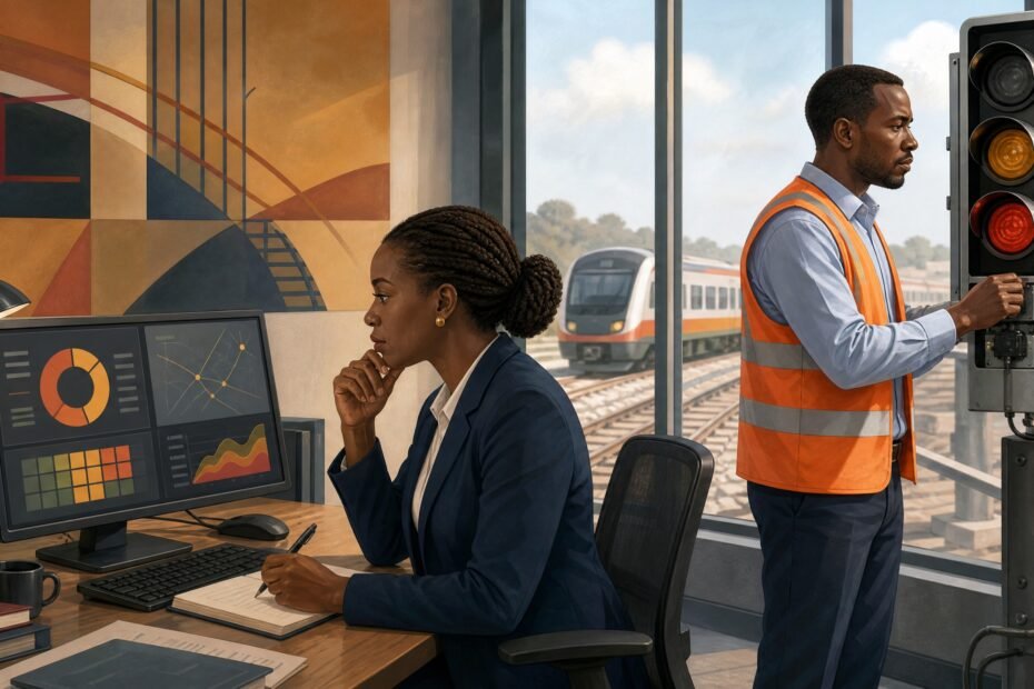 Kenya Railways engineering and risk managers reviewing a transport operations plan in an editorial illustration