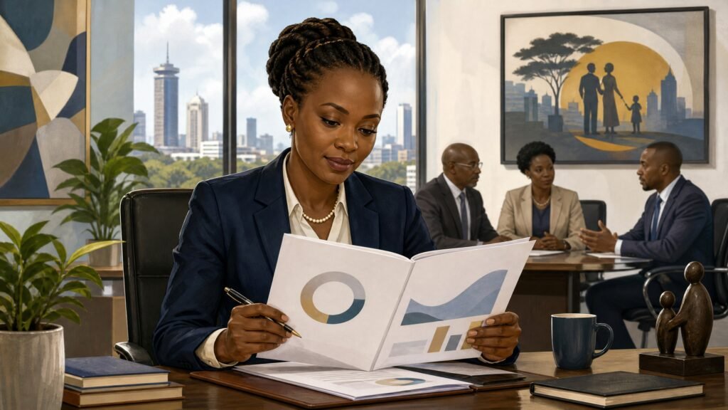 Pension manager reviewing a retirement-fund performance report in a Kenyan office illustration