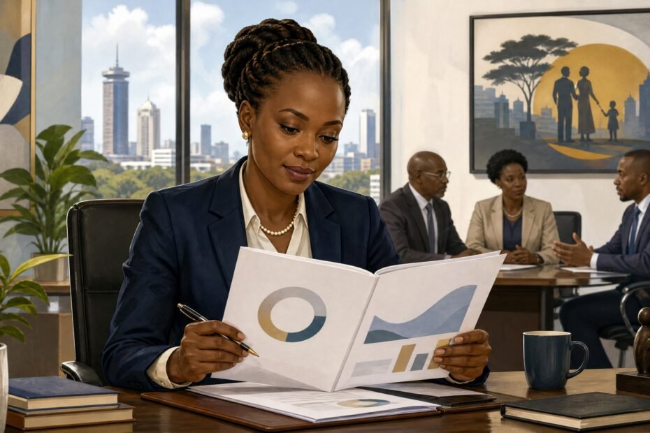 Pension manager reviewing a retirement-fund performance report in a Kenyan office illustration