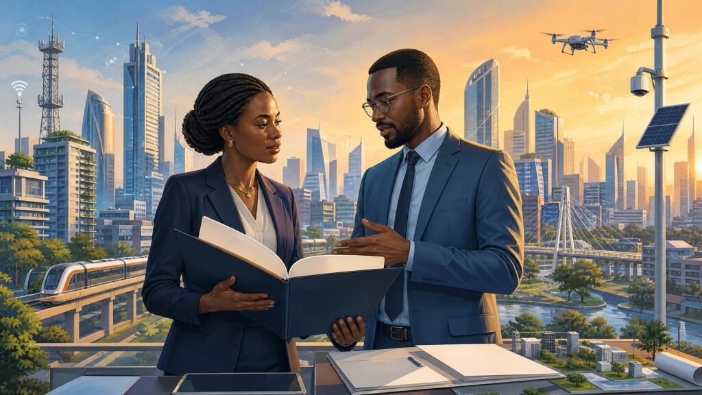 Kenyan legal manager reviewing a smart-city infrastructure contract in an editorial illustration