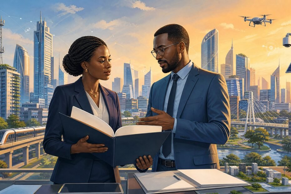 Kenyan legal manager reviewing a smart-city infrastructure contract in an editorial illustration