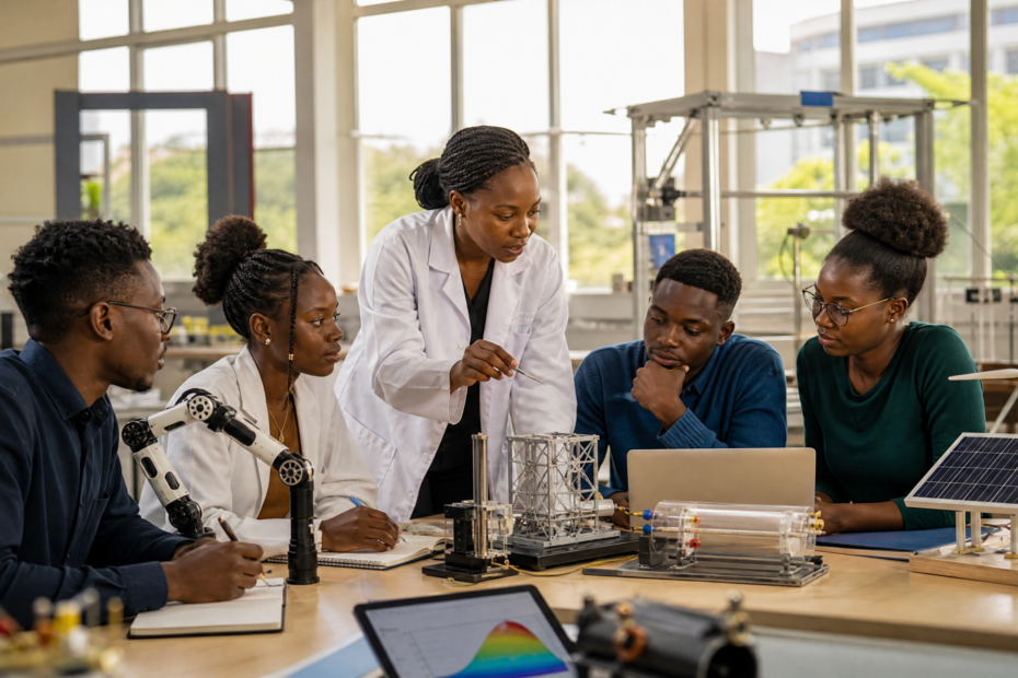 Kenyan STEM postgraduate students and a laboratory supervisor reviewing materials science, automation, and renewable-energy projects in a university engineering lab