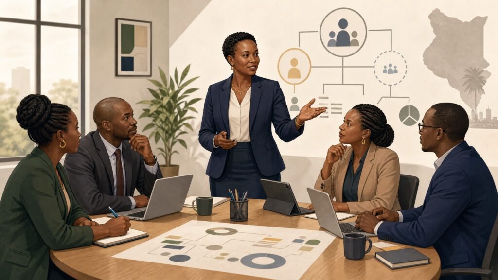 Kenyan public-sector corporate services director reviewing an institutional strategy plan in an editorial illustration
