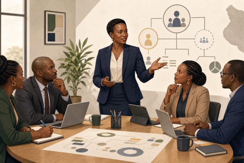 Kenyan public-sector corporate services director reviewing an institutional strategy plan in an editorial illustration