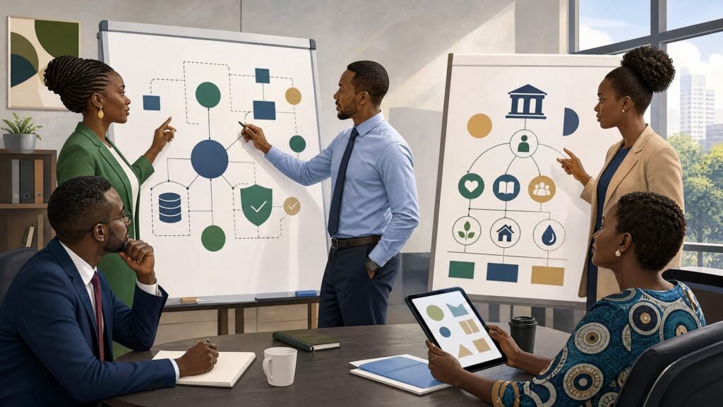 Kenyan public-service professionals reviewing data governance and constituency development plans in an editorial illustration