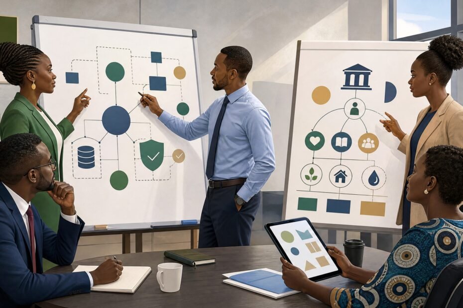 Kenyan public-service professionals reviewing data governance and constituency development plans in an editorial illustration