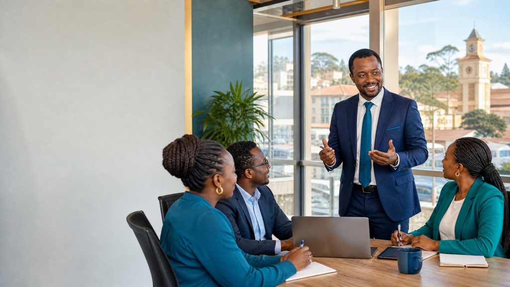 Kenyan bank branch manager leading a professional team meeting