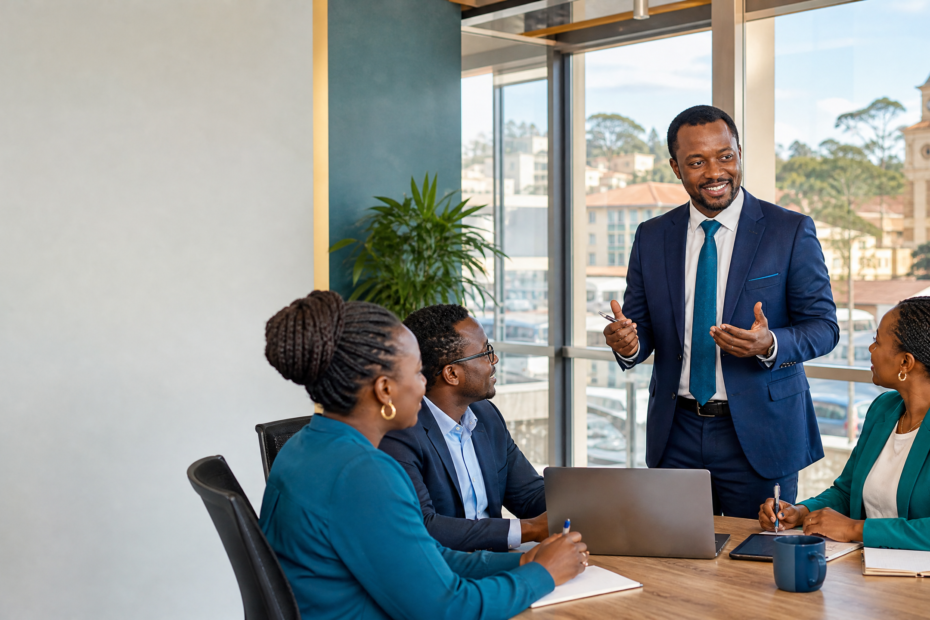 Kenyan bank branch manager leading a professional team meeting