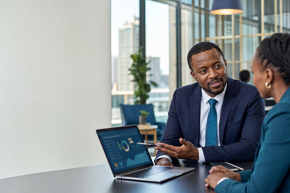 Kenyan bank relationship manager discussing customer growth in a modern office illustration
