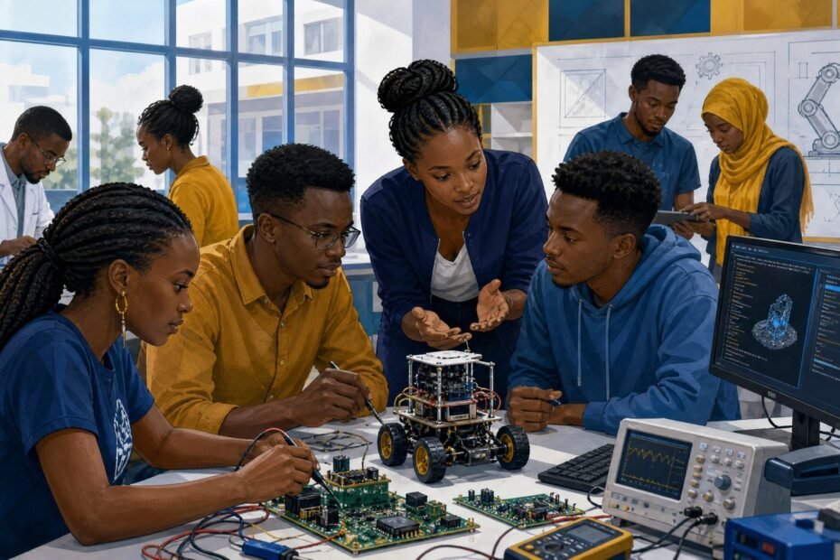 Kenyan engineering and computer-science students working with circuit boards and a robotic prototype in a university laboratory