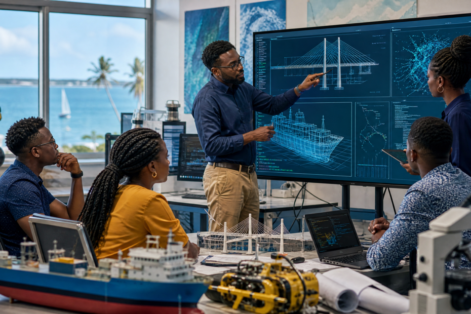 Kenyan graduate students and a lecturer reviewing civil engineering, marine engineering, and information-technology projects in a coastal university lab