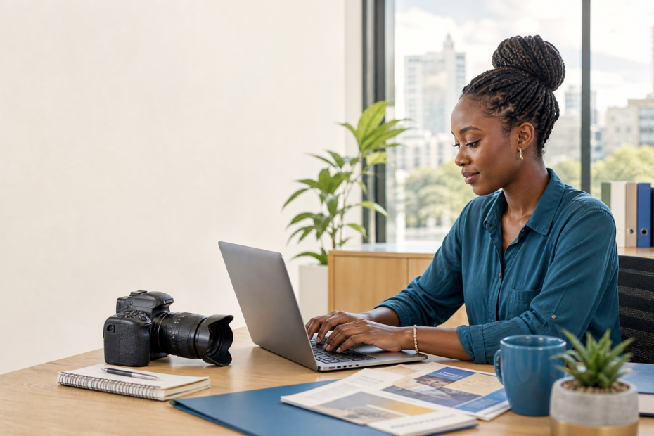 Kenyan communications intern editing a humanitarian field story at a desk
