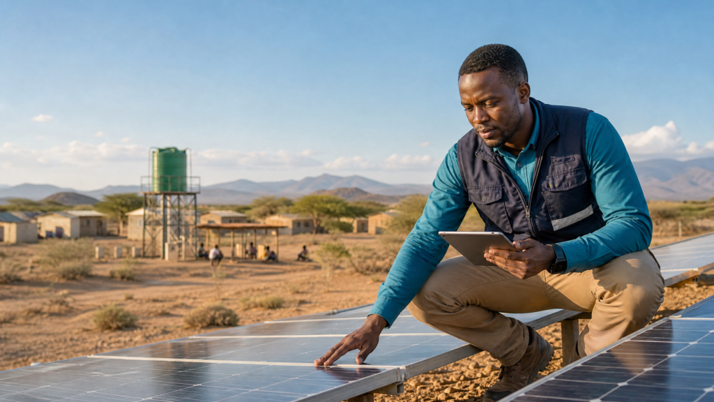 Renewable-energy field associate inspecting a solar project in Kakuma