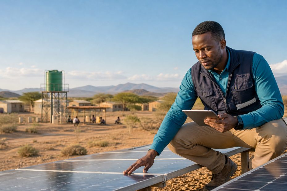 Renewable-energy field associate inspecting a solar project in Kakuma
