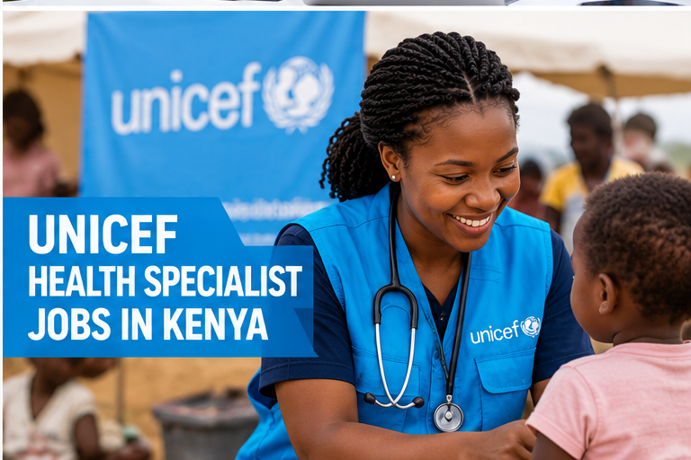 UNICEF Health Specialist vacancy in Kenya illustrated with a public health professional supporting a child
