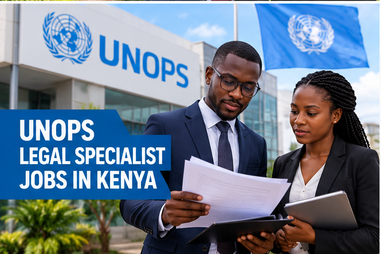 UNOPS Legal Specialist vacancy in Kenya illustrated with legal professionals reviewing documents