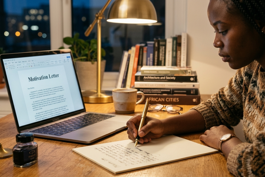 Student drafting and reviewing a scholarship essay beside a laptop and notebook