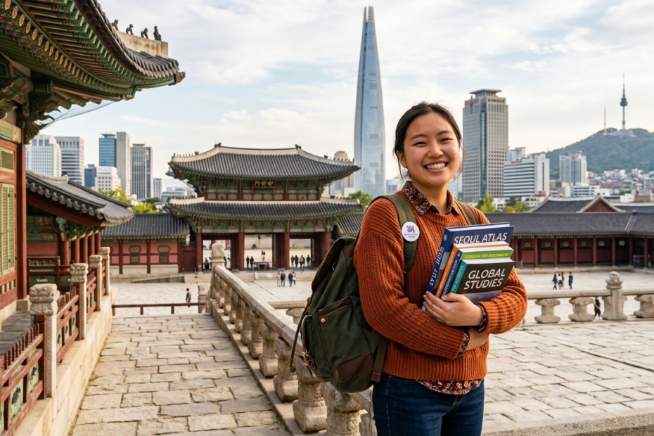 Female international student holding notebooks in front of a historic Korean palace with modern Seoul skyscrapers in the background.