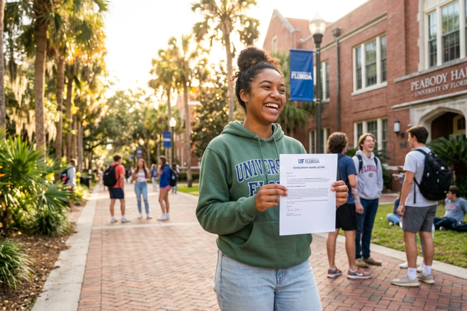 Happy female student standing on campus holding an official university scholarship award letter.