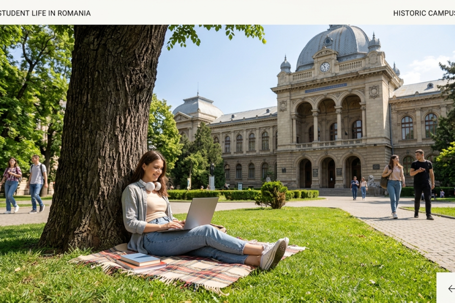 Female student working on a laptop on the grass in front of a historic European university campus in Romania.
