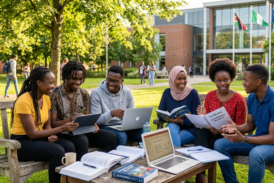African student collaborating with peers outdoors on a university campus under tree shade with textbooks and a laptop.