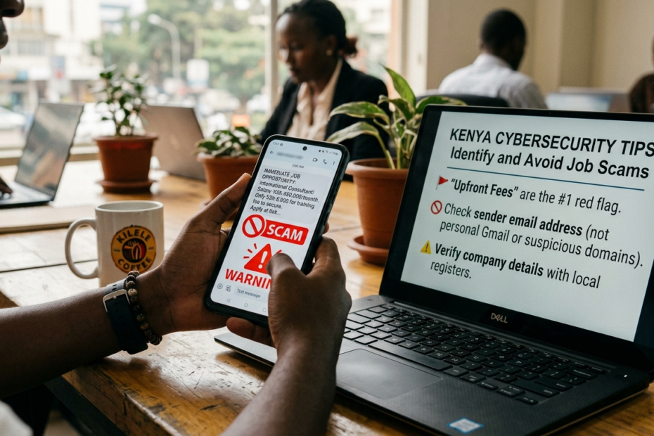 Applicant checking suspicious job and scholarship messages for scam warning signs on a smartphone and laptop