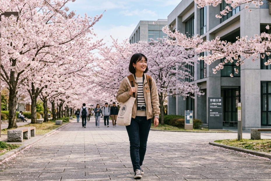 A student holding study files walking past cherry blossom trees near a traditional Japanese academic facility.