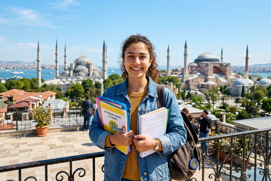 A student holding a Turkish language book standing in front of historic architectural landmarks in Istanbul.