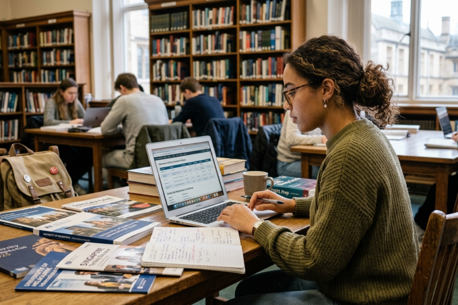 Student comparing university course information and scholarship requirements in a library