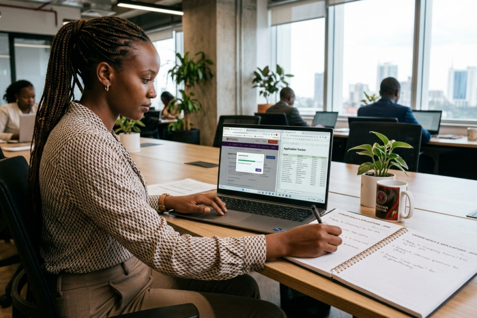 Professional reviewing a job application on a laptop at a modern workspace