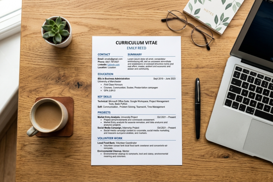 Professional curriculum vitae document showing experience, education and skills on a desk