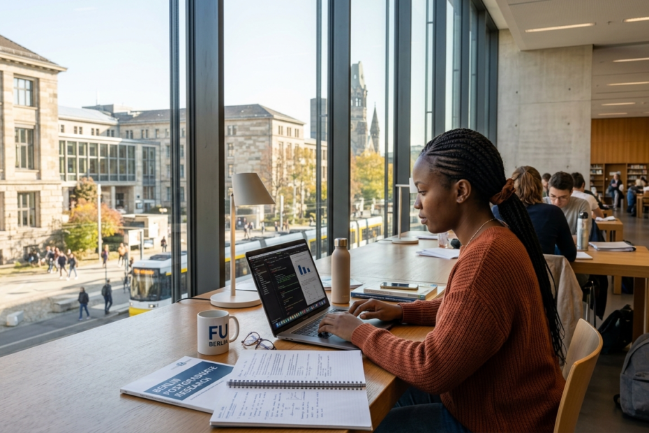 A Kenyan professional studying in a modern German university library with architectural views of Berlin through large glass windows.
