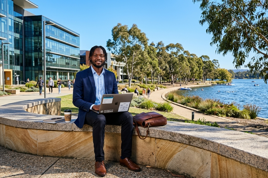 : Professional scholar sitting with an open tablet outdoors near a waterfront university building in Australia.