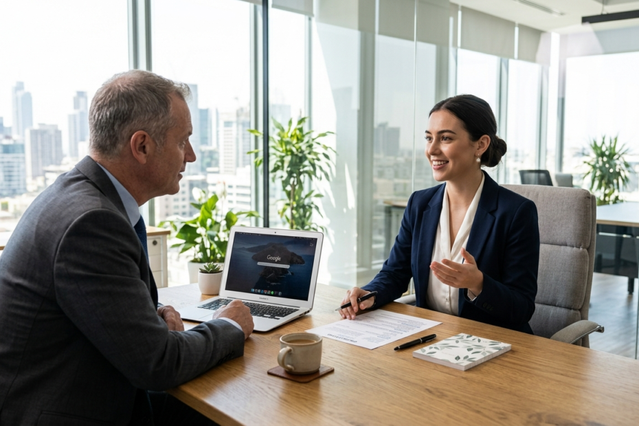 Job candidate preparing for and speaking during a professional interview in a modern office