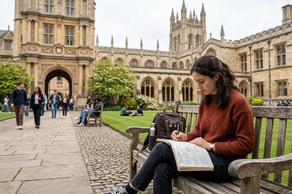 : A scholar taking notes outside a historic UK university quadrangle under afternoon sunlight.