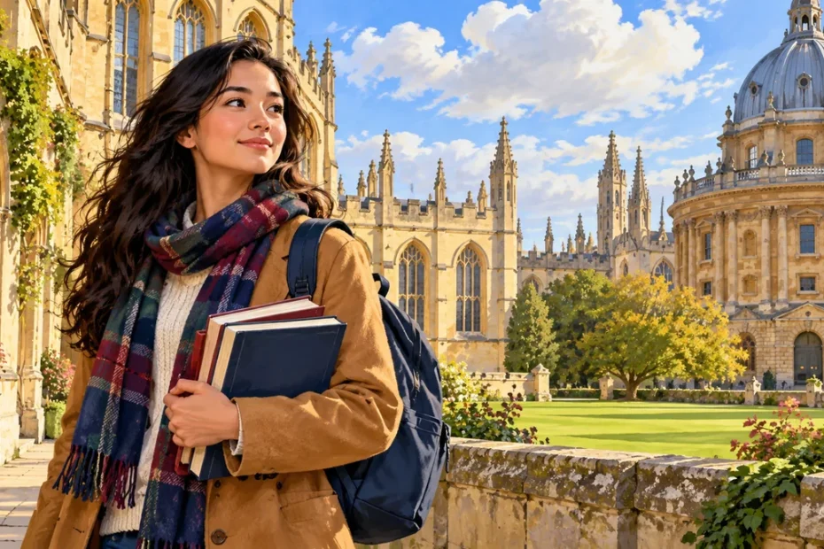 Illustration of a student holding books in a historic British university courtyard.