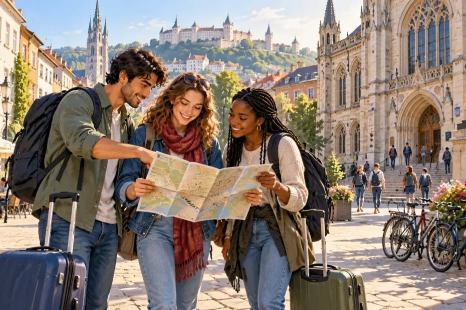 Illustration of three students with luggage consulting a map in a European university town square.